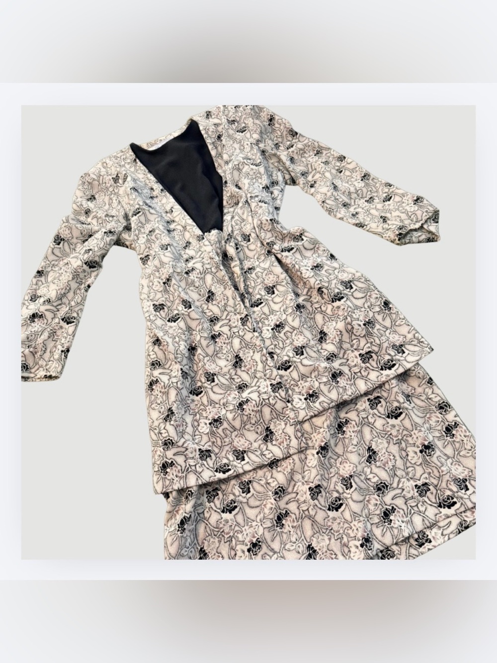 VTG Leslie Fay Black & Cream 2pc Floral Print Suit, Sz 14 - Modern 10-12